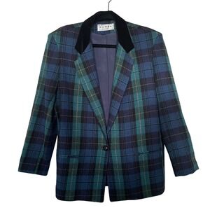Vintage 80s 90s Tartan Plaid Long Blazer Wool Velvet Preppy L Old Money Heritage